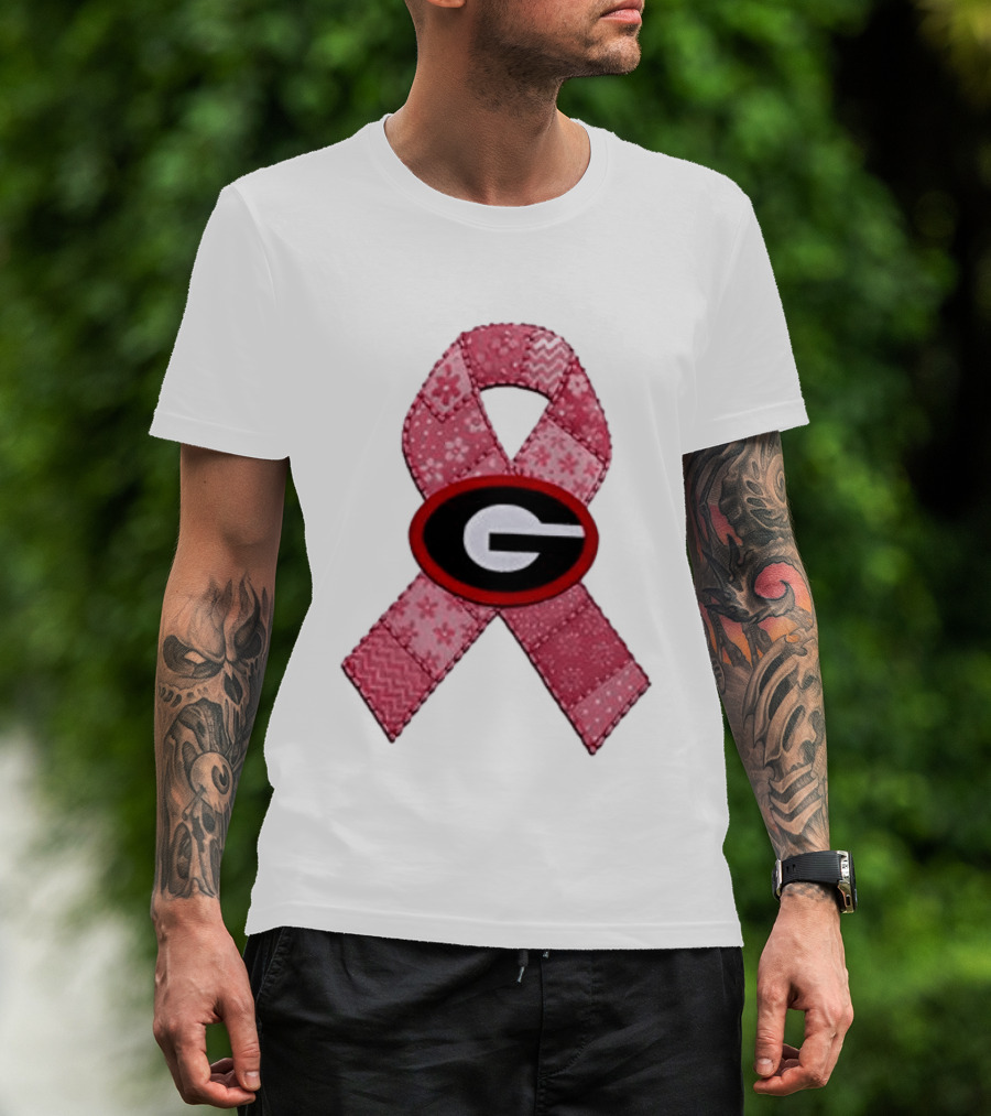 Georgia Bulldogs Patchwork Pink Ribbon Breast Cancer Awareness T-Shirt