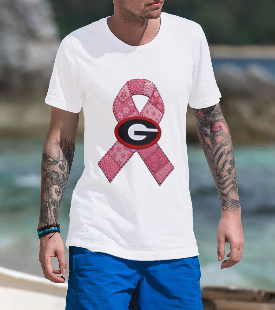 Georgia Bulldogs Patchwork Pink Ribbon Breast Cancer Awareness T-Shirt