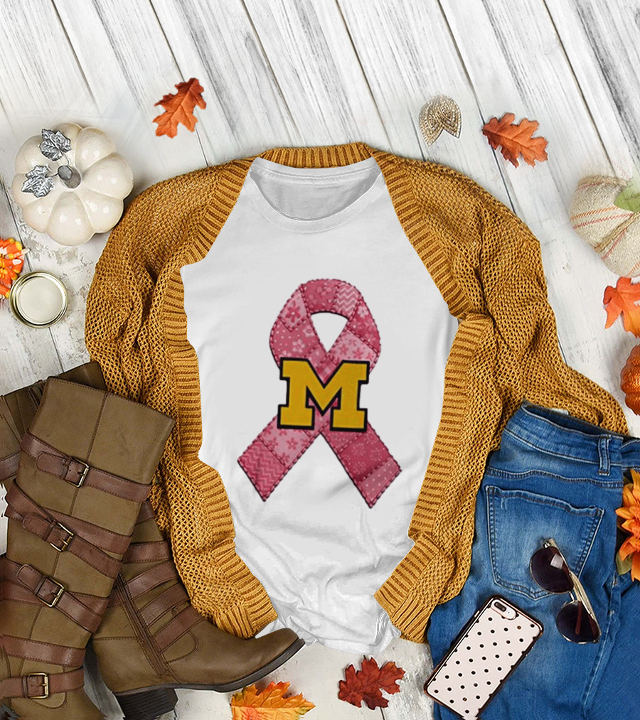 Michigan Wolverines Breast Cancer Awareness Pink Ribbon Patch T-Shirt