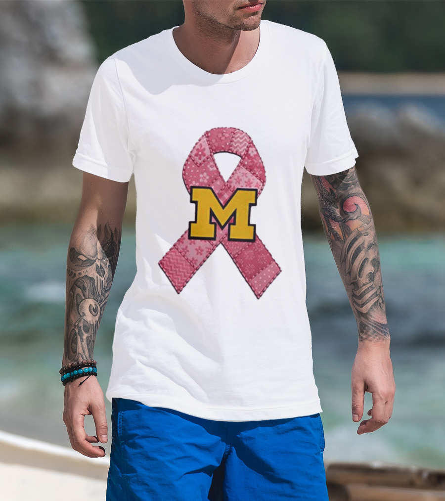 Michigan Wolverines Breast Cancer Awareness Pink Ribbon Patch T-Shirt