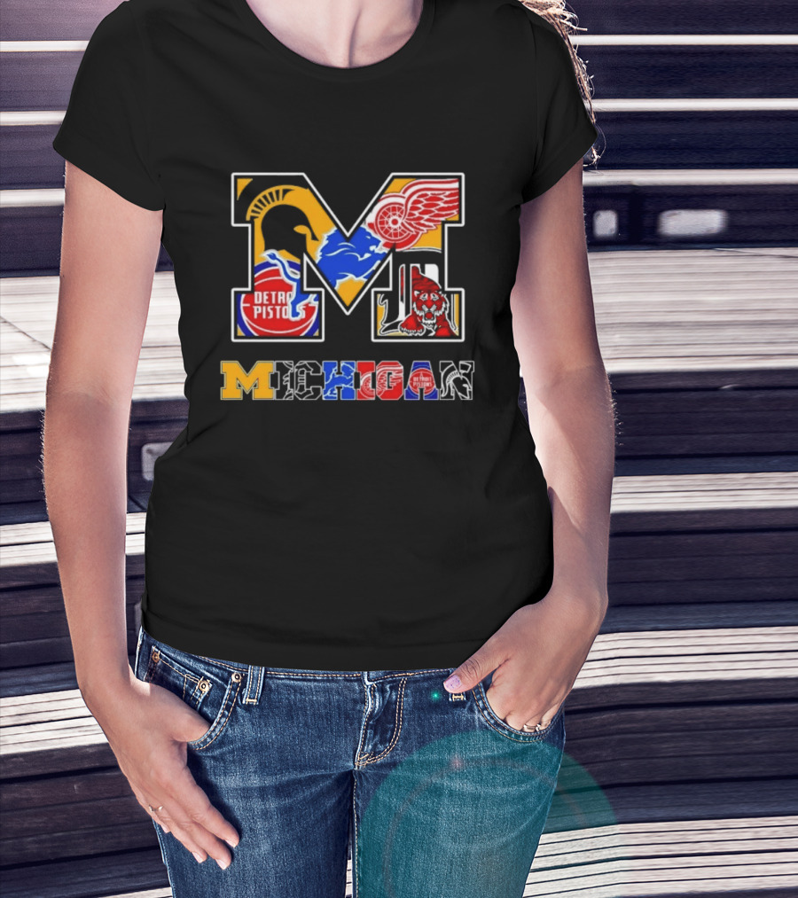 Michigan Sports Team Logos Mashup Detroit Pistons Red Wings Lions Spartans Tigers T-Shirt