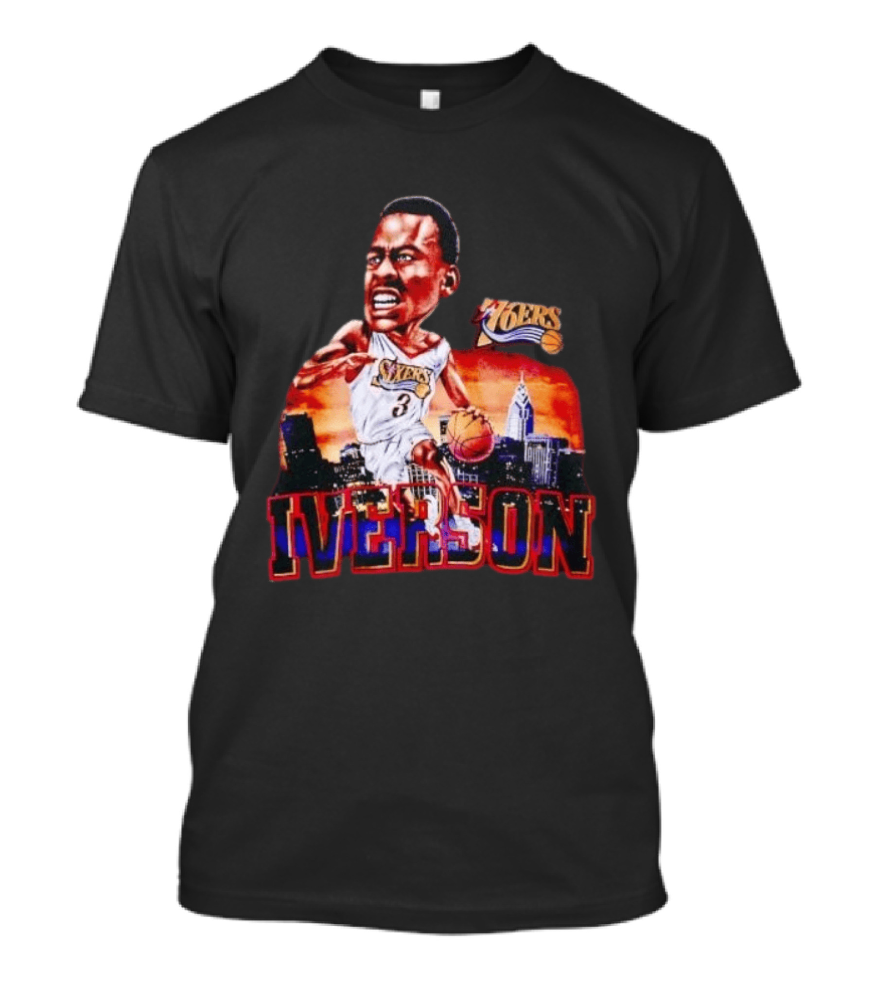 Allen Iverson 76ers Caricature With Philadelphia Skyline T-Shirt