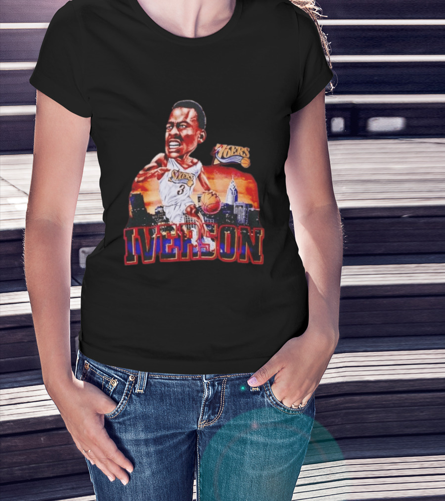 Allen Iverson 76ers Caricature With Philadelphia Skyline T-Shirt