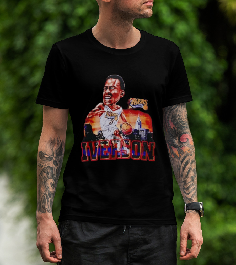 Allen Iverson 76ers Caricature With Philadelphia Skyline T-Shirt