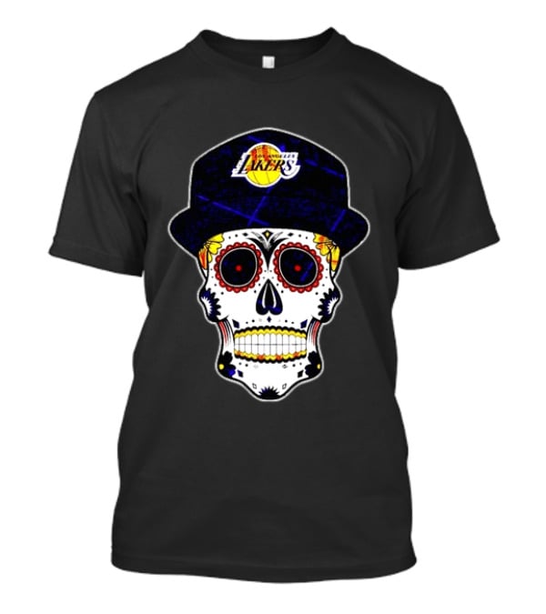 Los Angeles Lakers Sugar Skull Día De Muertos Hat Butterfly T-Shirt