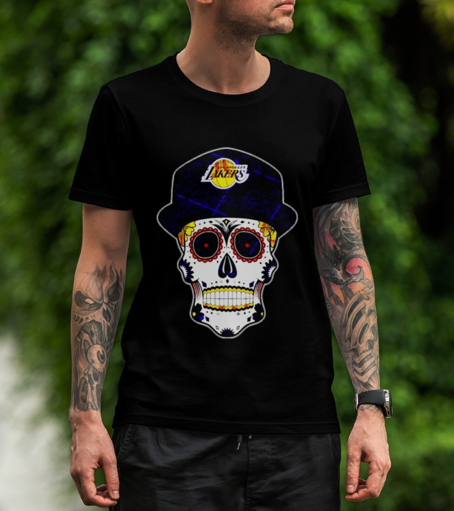 Los Angeles Lakers Sugar Skull Día De Muertos Hat Butterfly T-Shirt