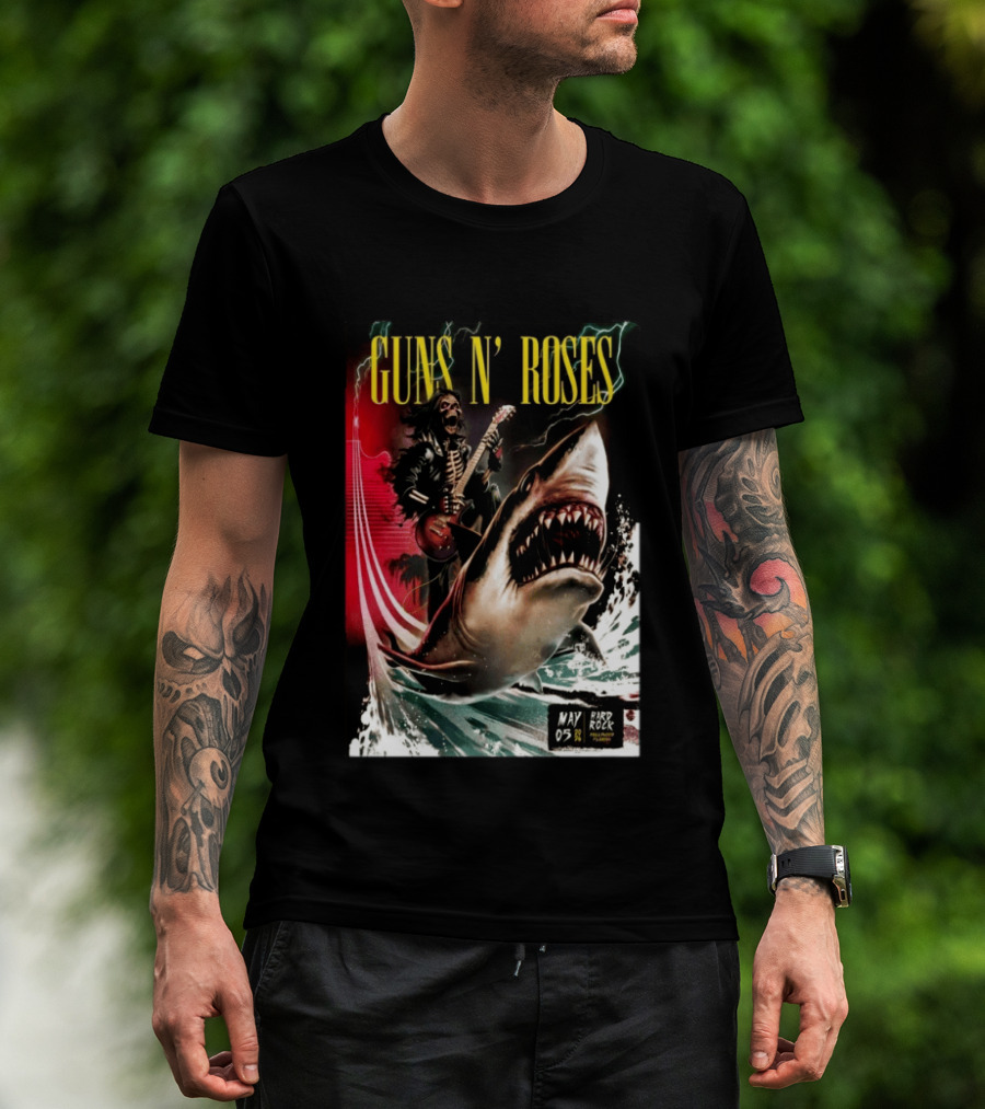 Guns N' Roses May 05 2026 Hard Rock Live Hollywood Concert Skeleton Guitarist Shark Wave T-Shirt