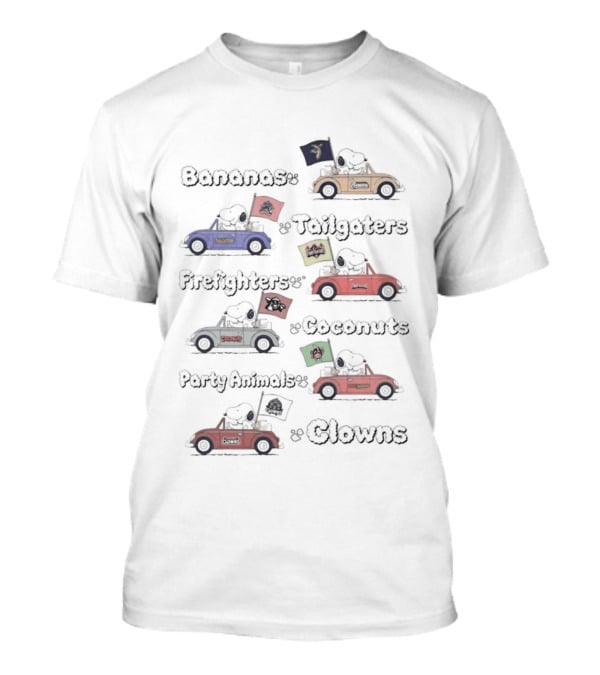 Bananas Tailgaters Peanuts Snoopy Racing Cars Flags T-Shirt