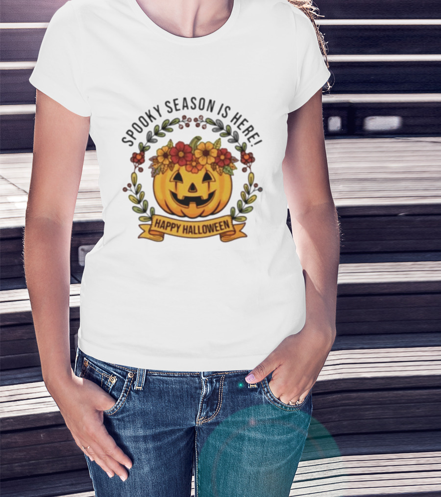 Spooky Season Is Here Happy Halloween Pumpkin With Flowers T-Shirt
