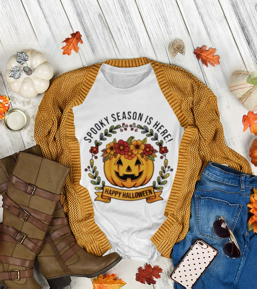 Spooky Season Is Here Happy Halloween Pumpkin with Flowers T-Shirt
