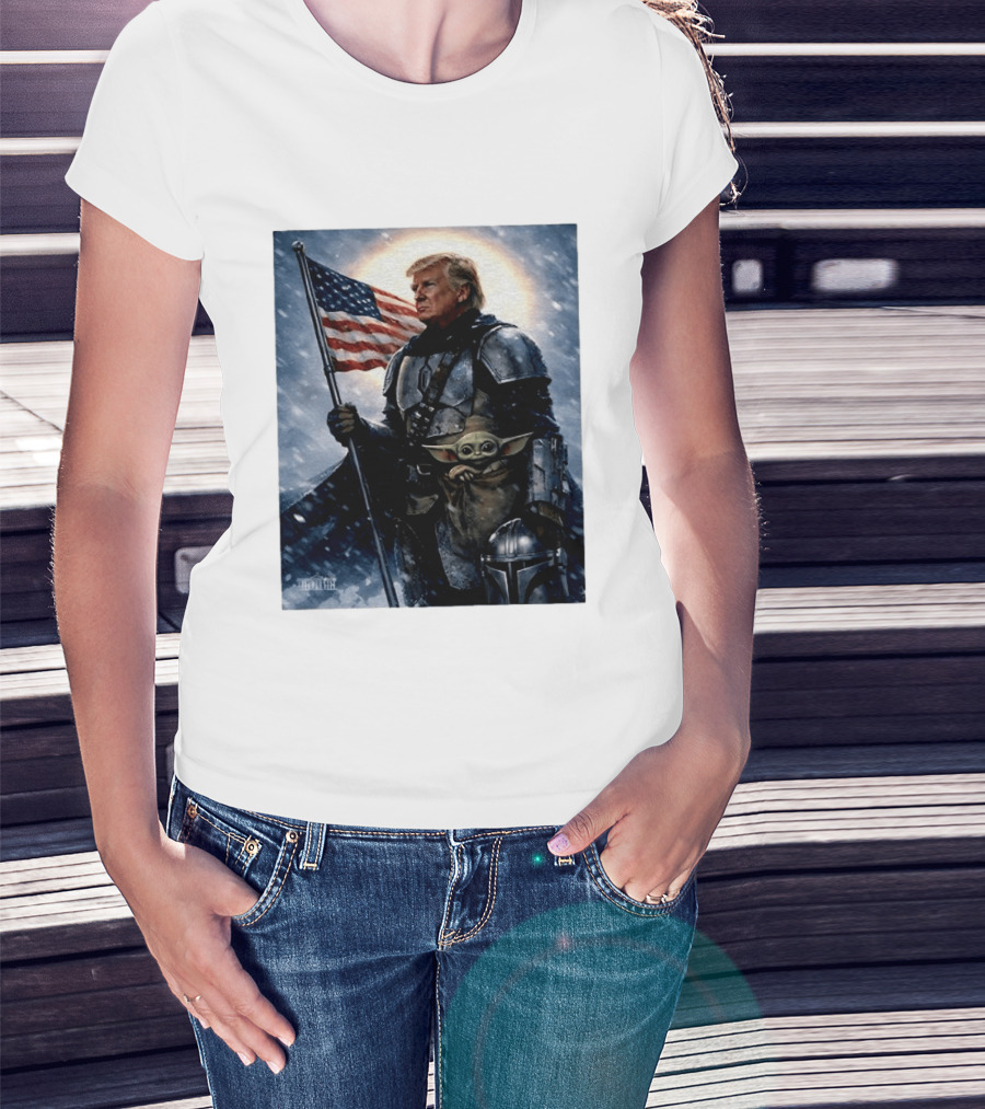 Donald Trump As The Mandalorian Holding American Flag With Grogu Star Wars T-Shirt