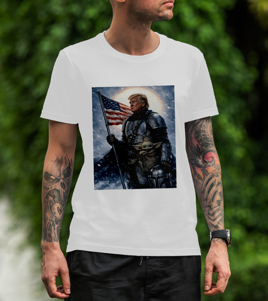 Donald Trump As The Mandalorian Holding American Flag With Grogu Star Wars T-Shirt