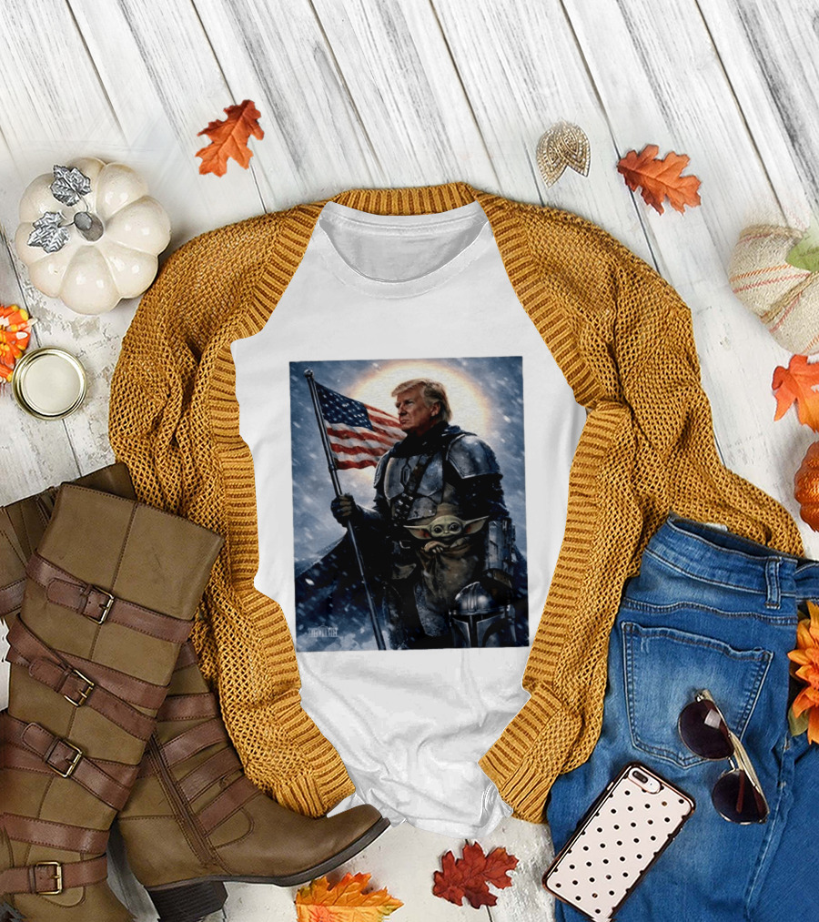 Donald Trump as The Mandalorian Holding American Flag with Grogu Star Wars T-Shirt