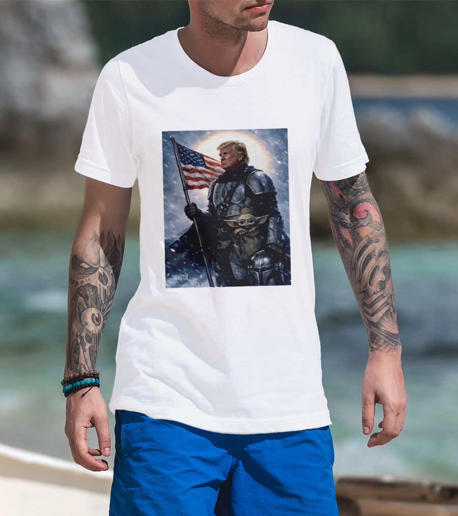 Donald Trump As The Mandalorian Holding American Flag With Grogu Star Wars T-Shirt