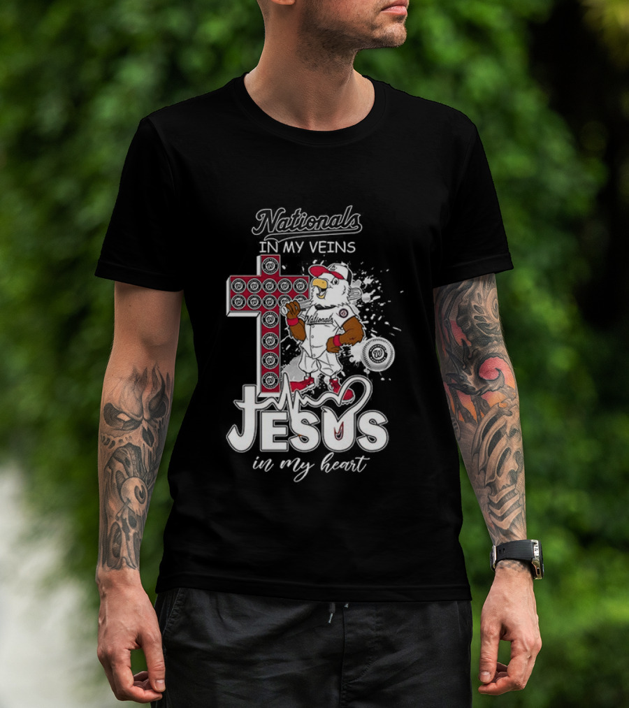 Nationals In My Veins Jesus In My Heart Baseball Cross Christian T-Shirt