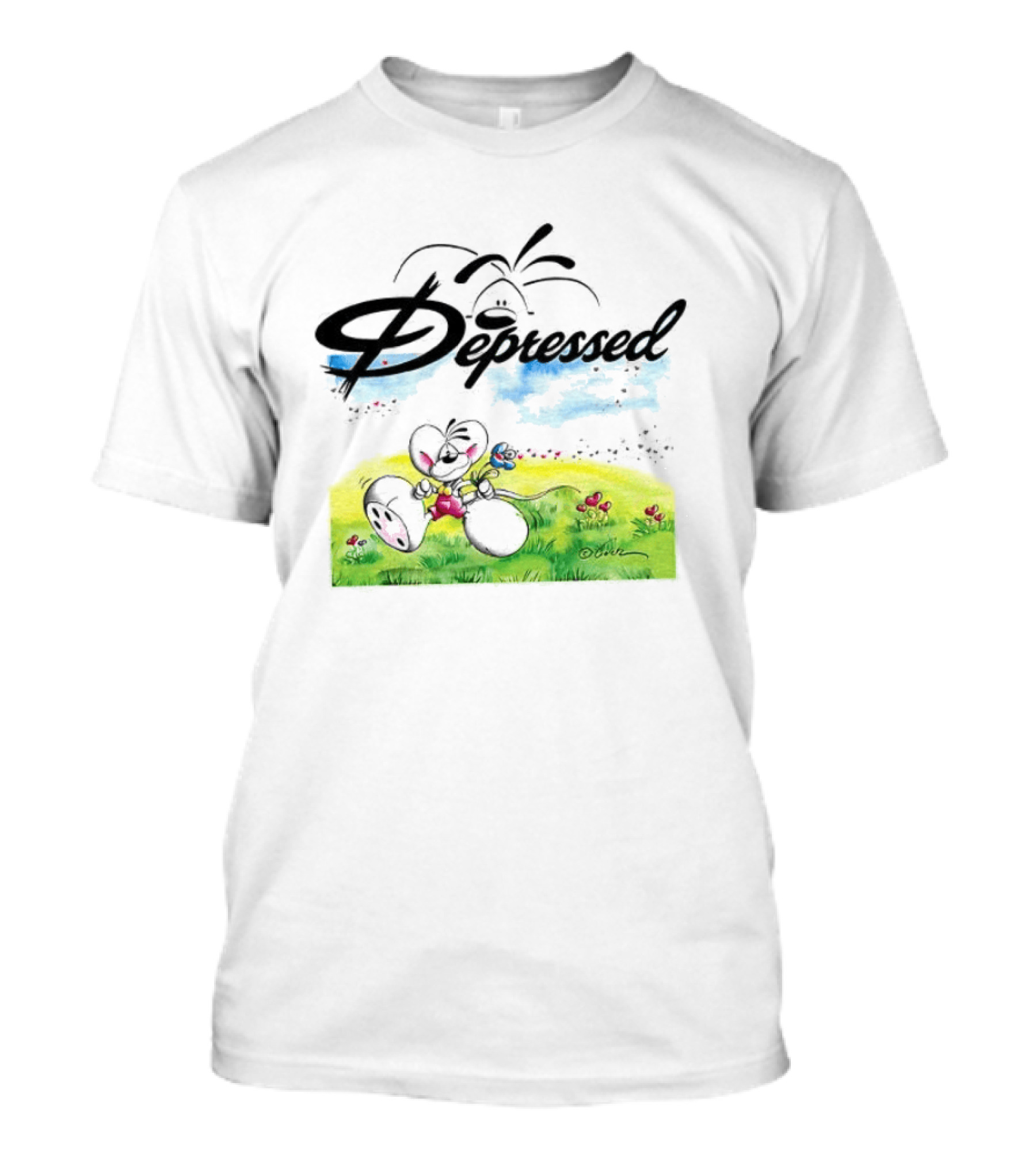 Depressed Diddl White Gerbil Cartoon In Spring Meadow T-Shirt