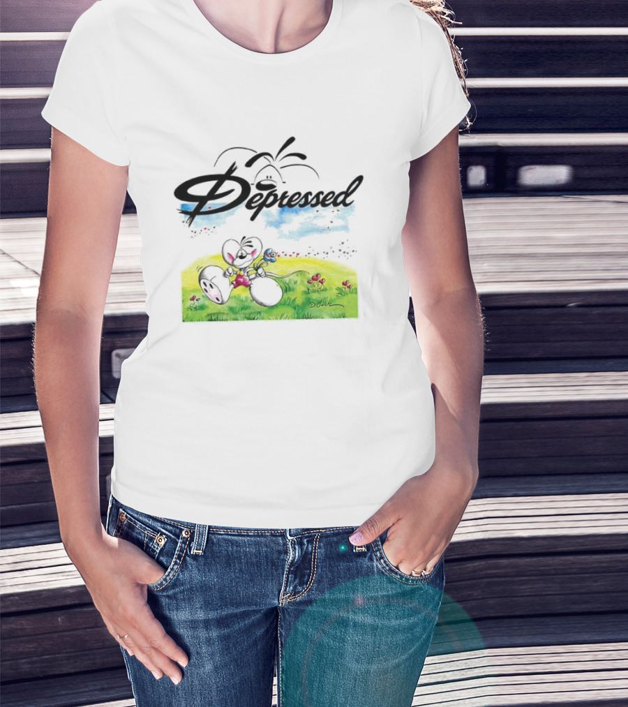 Depressed Diddl White Gerbil Cartoon In Spring Meadow T-Shirt