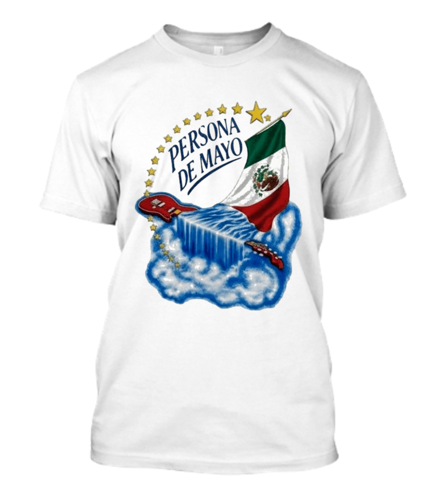 Persona De Mayo Mexican Flag Guitar Waterfall Stars T-Shirt