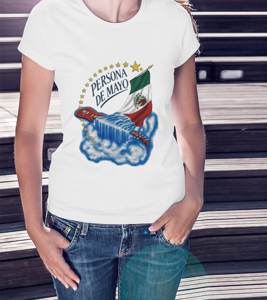 Persona De Mayo Mexican Flag Guitar Waterfall Stars T-Shirt