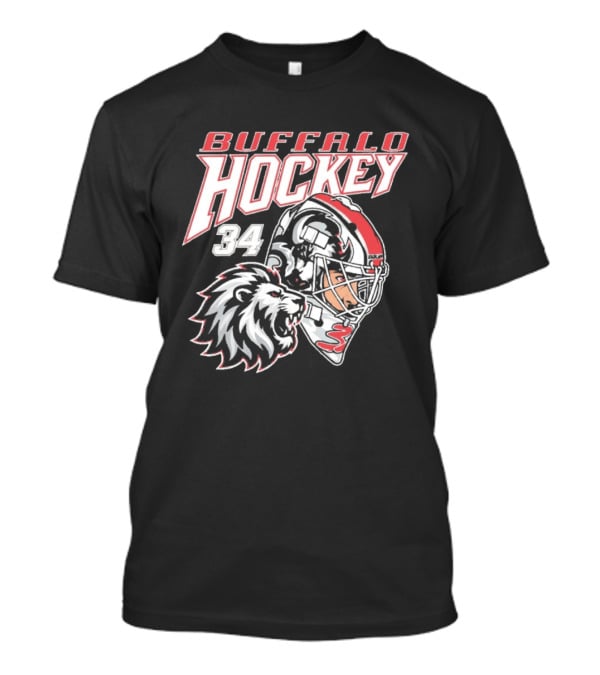 Buffalo Hockey 34 The Lyons Den Lion And Hockey Helmet T-Shirt