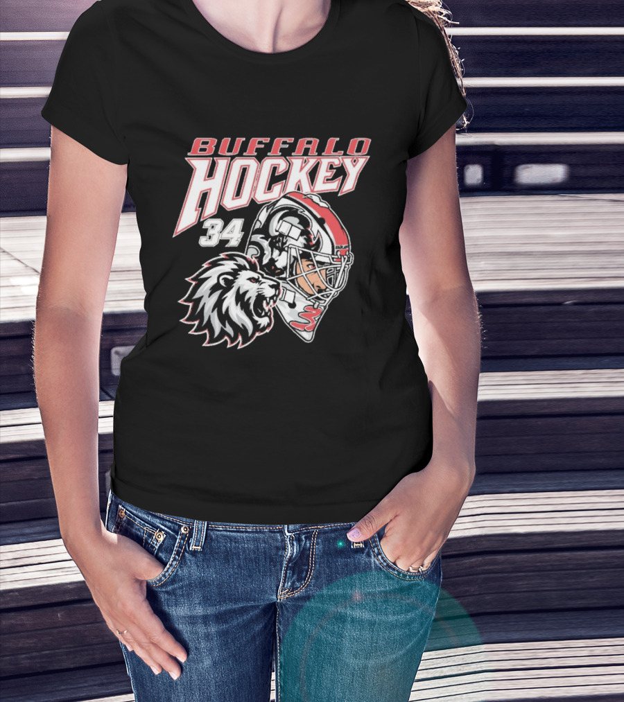 Buffalo Hockey 34 The Lyons Den Lion And Hockey Helmet T-Shirt