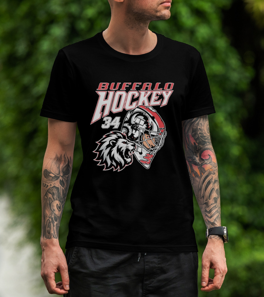 Buffalo Hockey 34 The Lyons Den Lion And Hockey Helmet T-Shirt