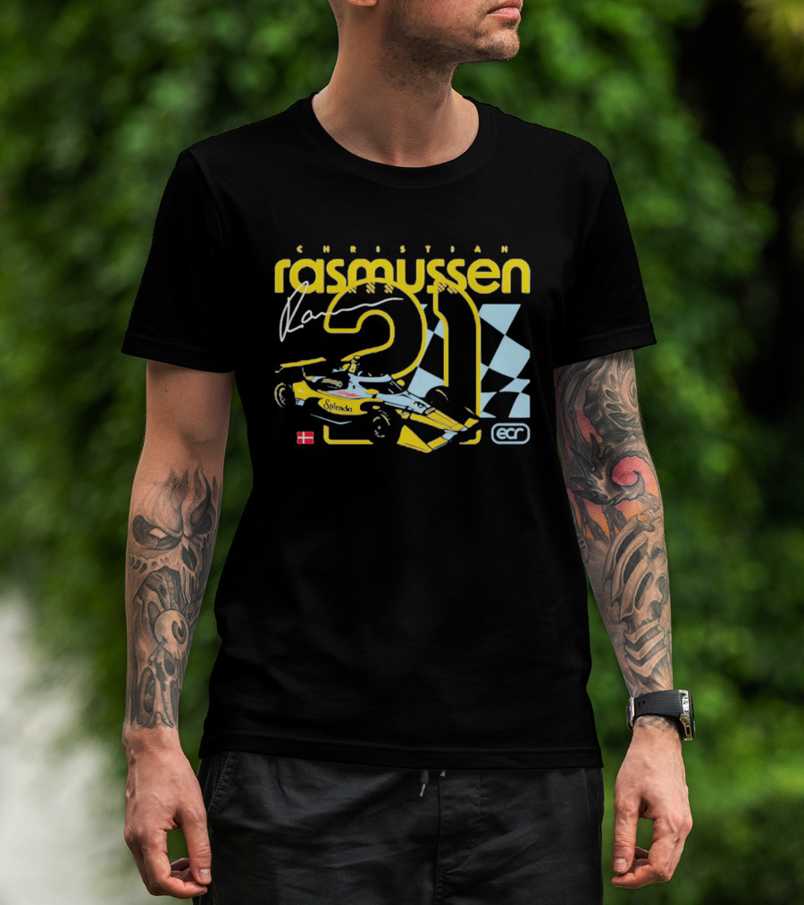 Christian Rasmussen ECR Number 21 Racing Splendor Denmark Flag Checkerboard T-Shirt