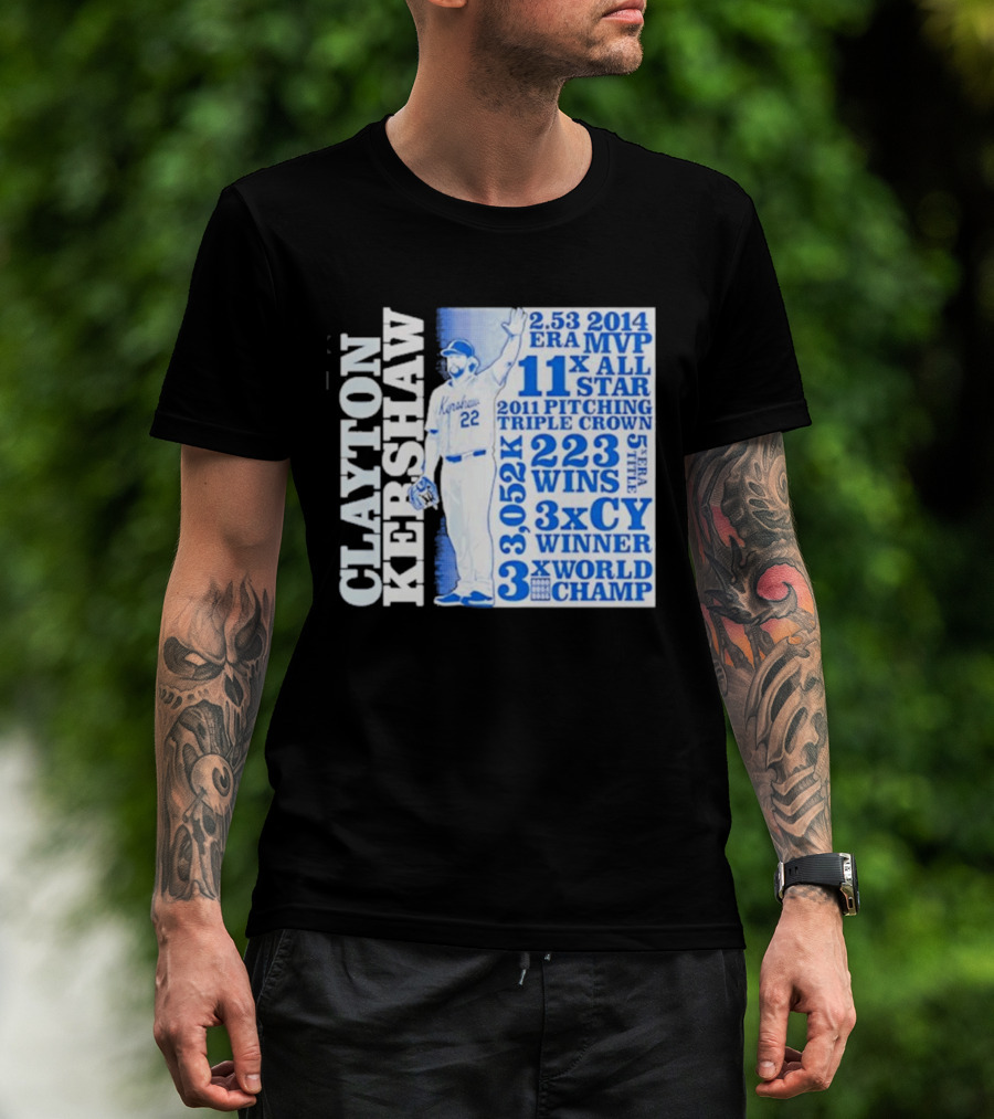 Clayton Kershaw Los Angeles Dodgers 3x World Champ 11x All Star 3x CY Winner 223 Wins T-Shirt
