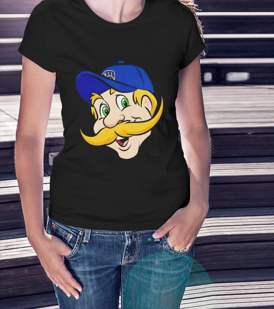 Milwaukee Brewers Big Face Mascot With Blue Cap And Mustache T-Shirt