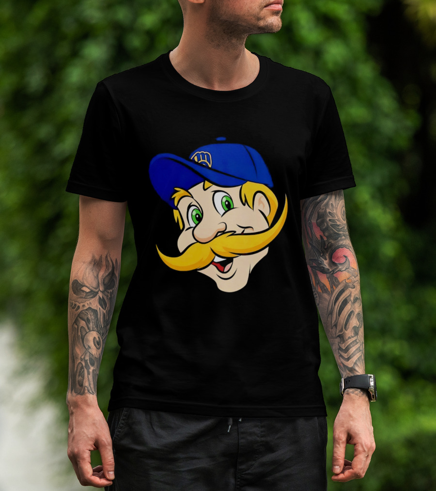 Milwaukee Brewers Big Face Mascot With Blue Cap And Mustache T-Shirt