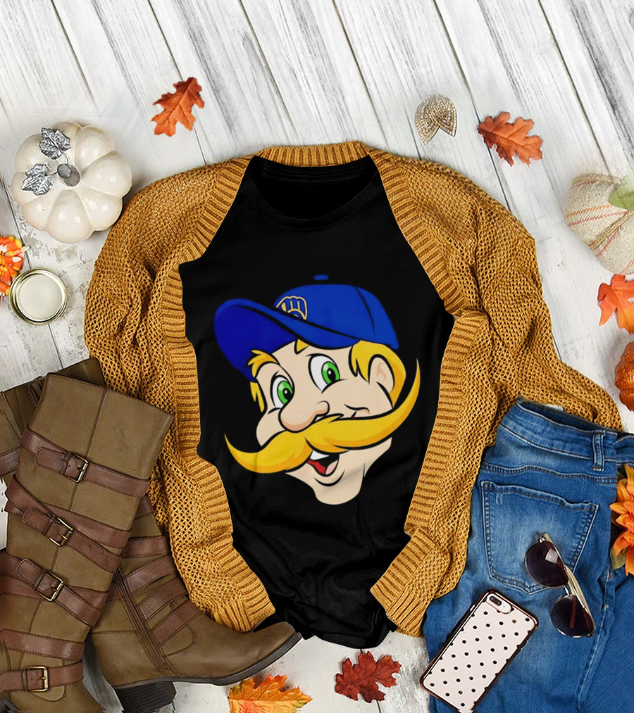 Milwaukee Brewers Big Face Mascot With Blue Cap And Mustache T-Shirt