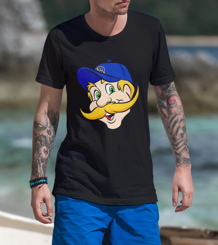 Milwaukee Brewers Big Face Mascot With Blue Cap And Mustache T-Shirt