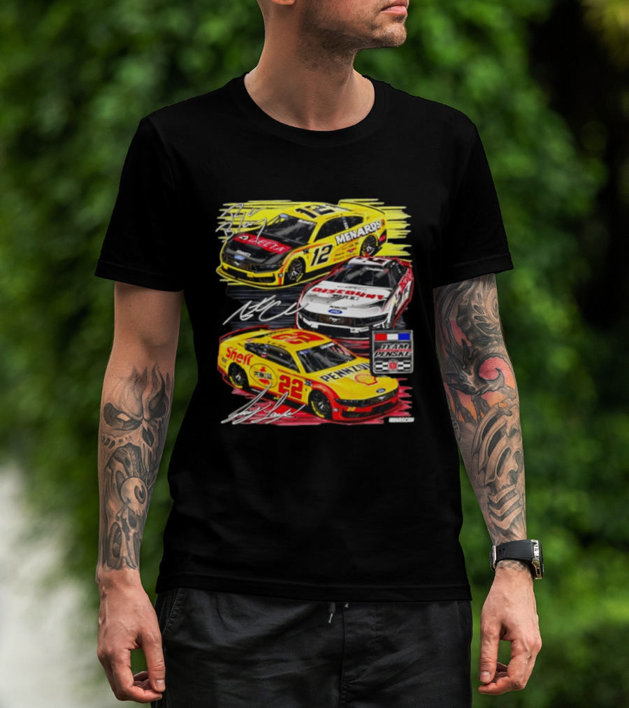 Team Penske 60th Anniversary NASCAR Racing Cars With Menards Shell Pennzoil Discount Tire Sponsors And Driver Signatures T-Shirt
