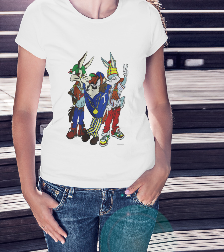 Rare Looney Tunes Hip Hop Bugs Taz Wile E Coyote Peace Sign Pose T-Shirt