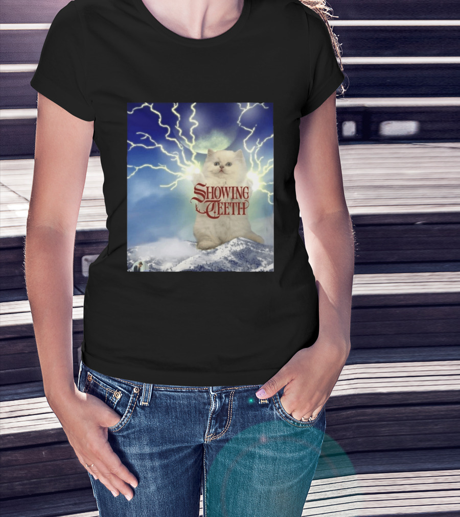 Showing Teeth Cat With Lightning Background In Blue Sky T-Shirt