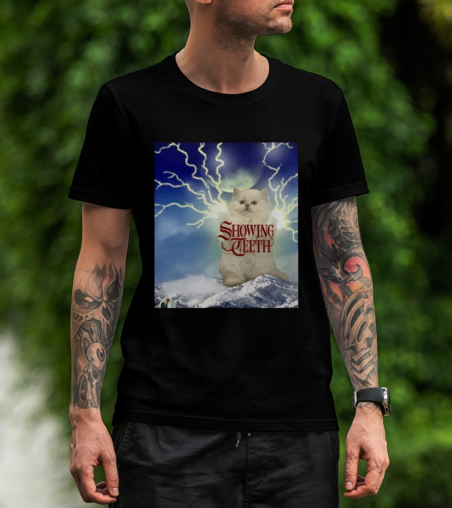 Showing Teeth Cat With Lightning Background In Blue Sky T-Shirt