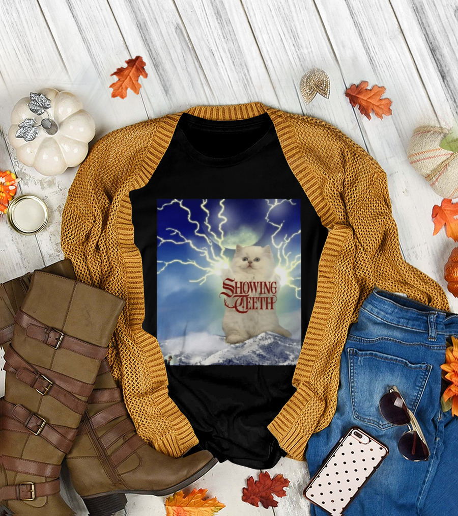Showing Teeth Cat with Lightning Background in Blue Sky T-Shirt