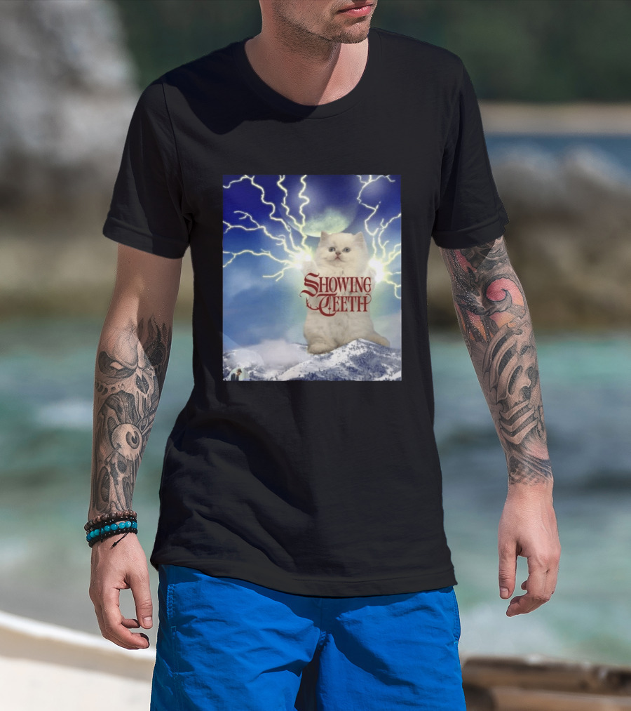 Showing Teeth Cat With Lightning Background In Blue Sky T-Shirt