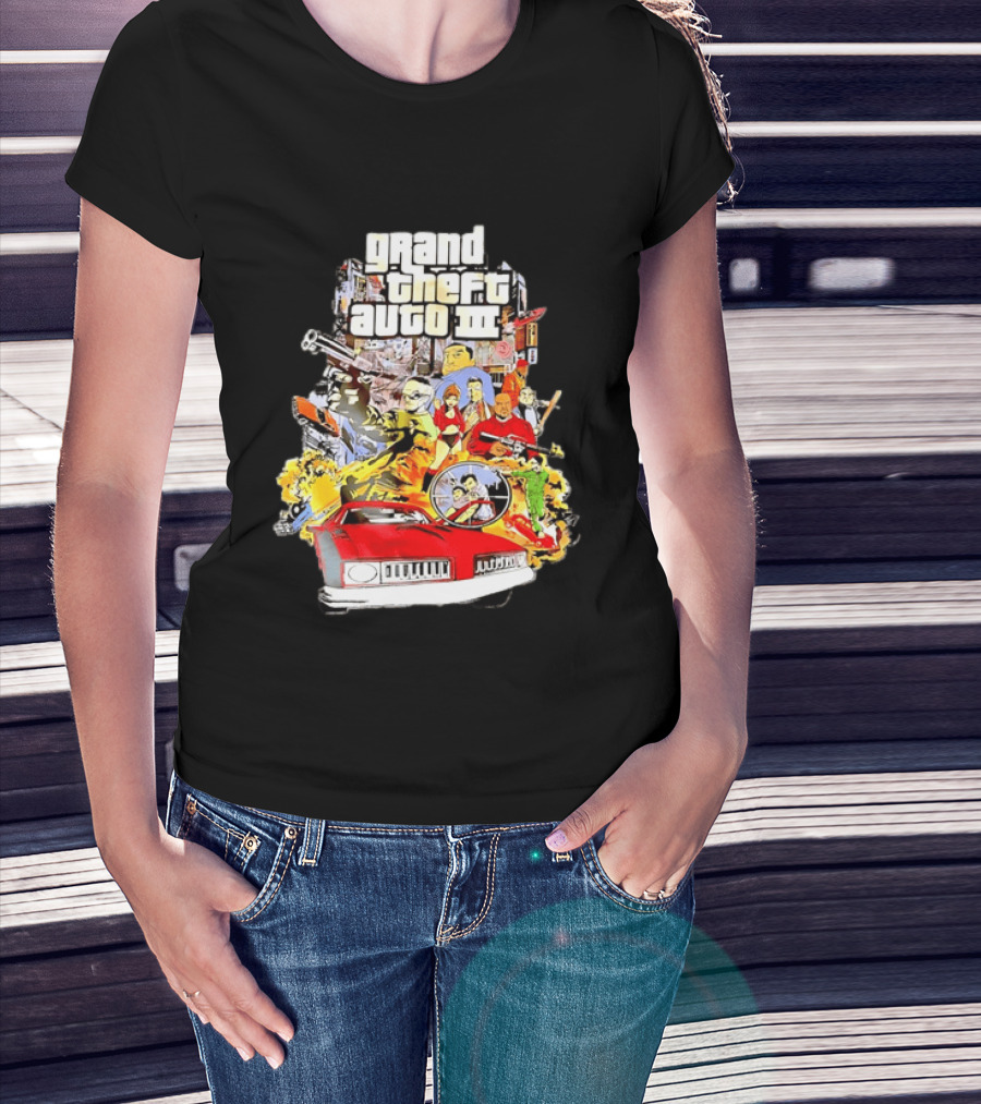 Grand Theft Auto III Characters Action Collage With Iconic Red Car T-Shirt
