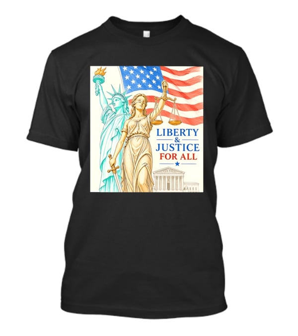 Liberty And Justice For All American Flag Statue Of Liberty Blindfolded Lady Justice Scales US Supreme Court T-Shirt