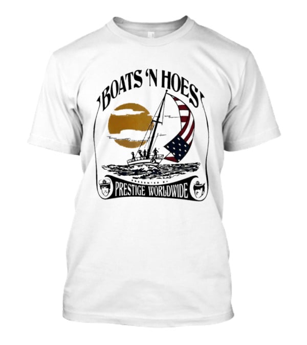 Boats N Hoes Prestige Worldwide USA Flag Sailing Sun Ocean T-Shirt