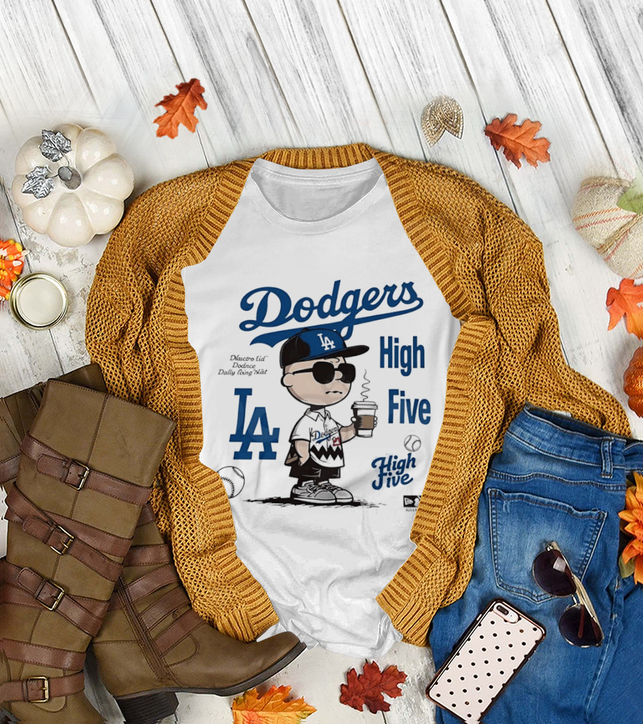 Los Angeles Dodgers High Five with Charlie Brown Coffee Style and LA Baseball Vibes T-Shirt