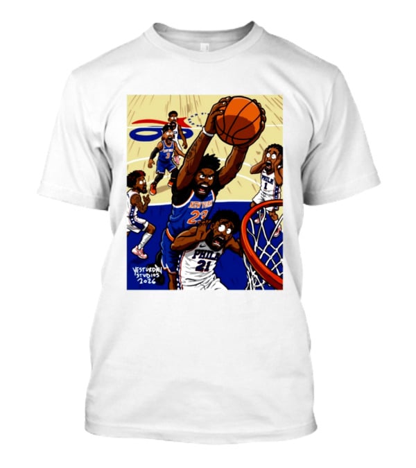 New York Knicks Mitchell Robinson Dunking On Philadelphia Joel Embiid Caricature 2026 Basketball Action T-Shirt