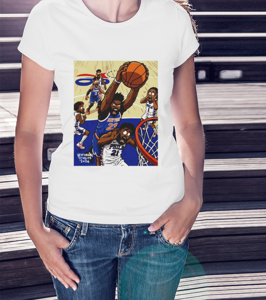 New York Knicks Mitchell Robinson Dunking On Philadelphia Joel Embiid Caricature 2026 Basketball Action T-Shirt