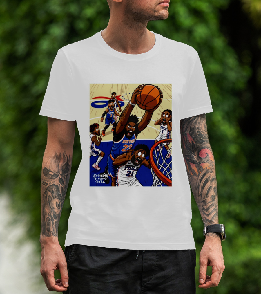 New York Knicks Mitchell Robinson Dunking On Philadelphia Joel Embiid Caricature 2026 Basketball Action T-Shirt