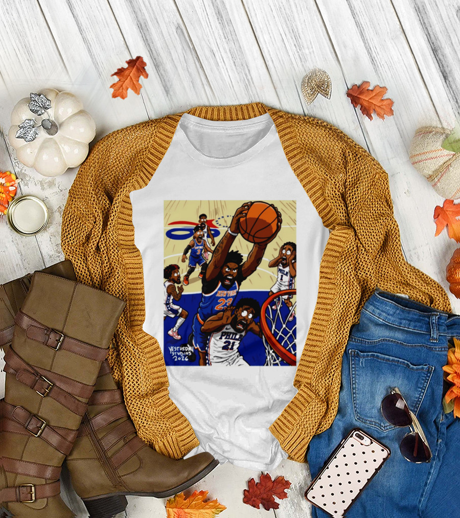 New York Knicks Mitchell Robinson Dunking On Philadelphia Joel Embiid Caricature 2026 Basketball Action T-Shirt