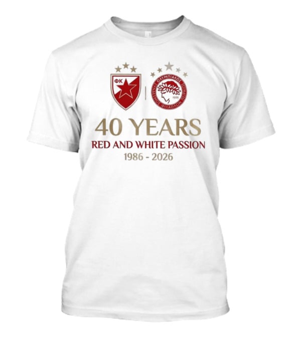 Olympiacos FC 40 Years Red And White Passion 1986 2026 T-Shirt