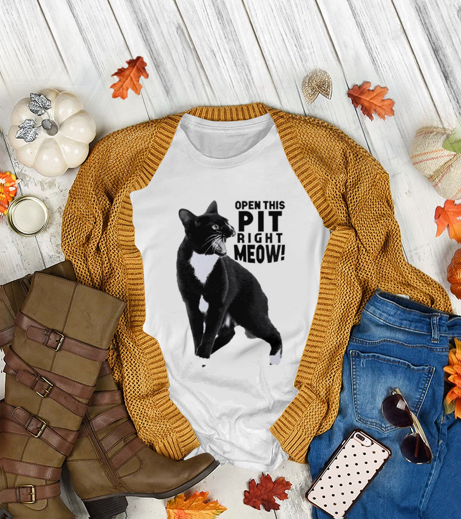 Open This Pit Right Meow Black and White Cat T-Shirt