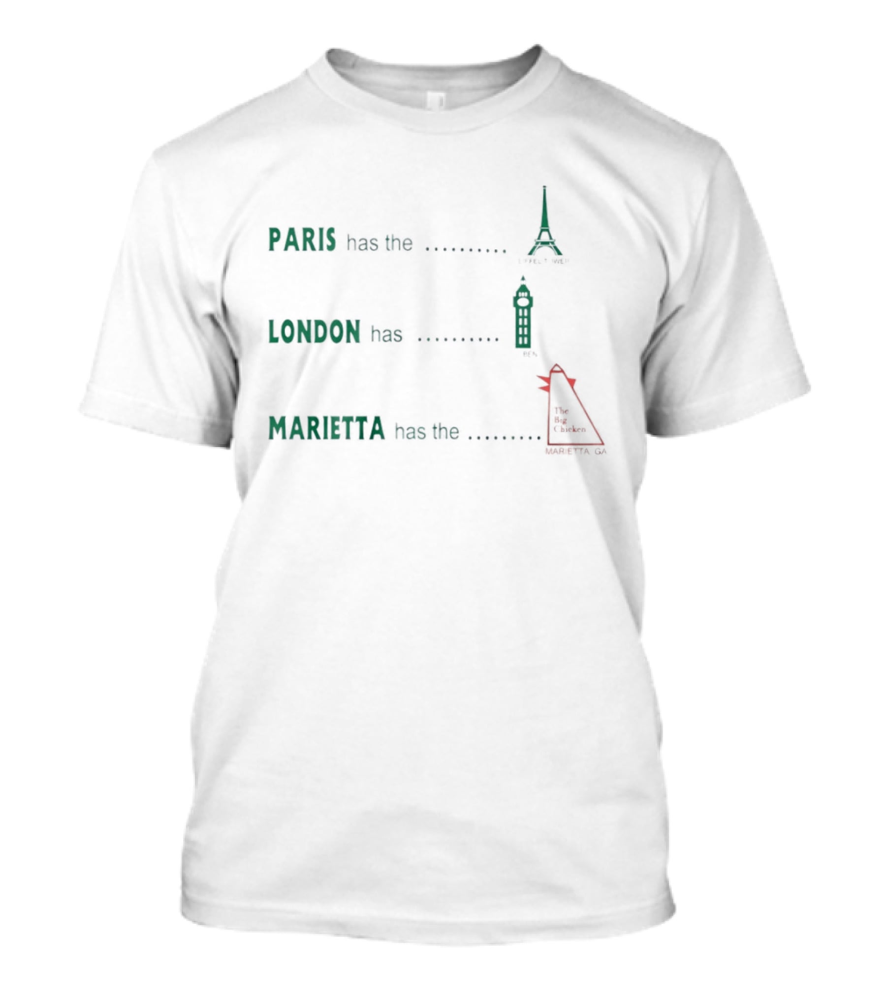Paris Has The Eiffel Tower London Has Big Ben Marietta Has The Big Chicken T-Shirt
