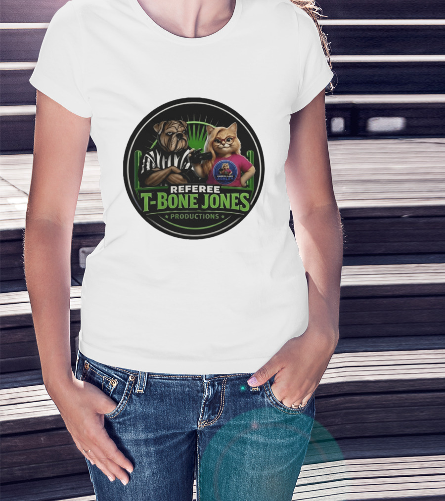 Referee Bone Jones Productions Light Blue Gaming Ashley Bulldog Cat T-Shirt